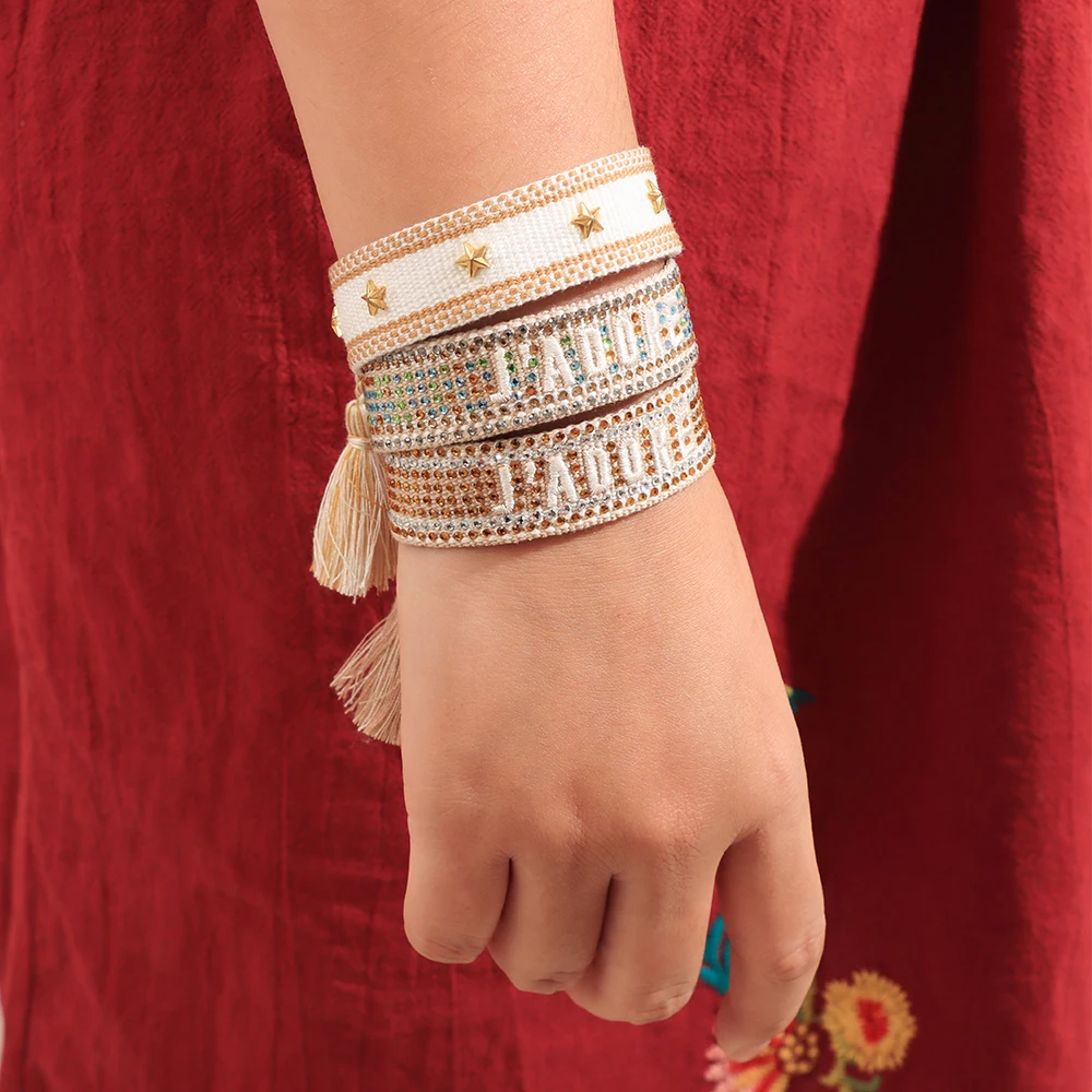 Metal Color: Light Yellow Color - Bling Crystal Woven Friendship Bracelets Adjustable Rope Stackable Bangle For Women