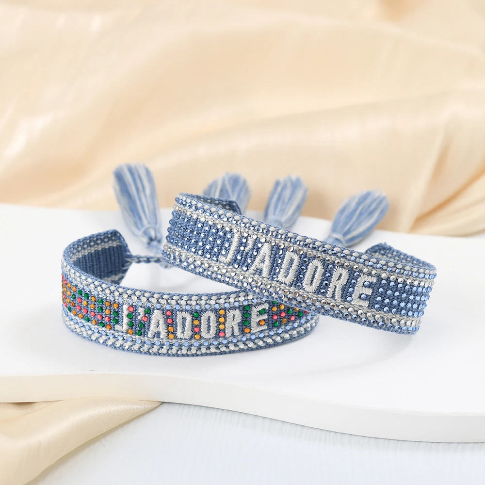 Metal Color: Light Yellow Color - Bling Crystal Woven Friendship Bracelets Adjustable Rope Stackable Bangle For Women