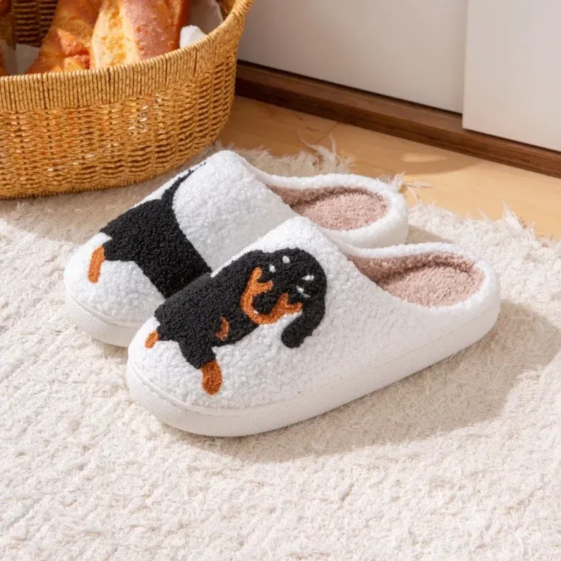 Color: Beige, Shoe Size: 42-43 - Pet Pattern Dachshund Embroidery Stuffed Home Thick Sole Plaid Furry Cotton Slippers Warm Non-slip Indoor Slippers Pet Mom Gift
