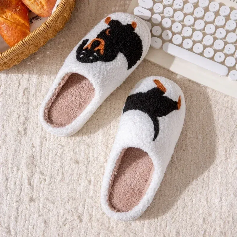 Color: Beige, Shoe Size: 42-43 - Pet Pattern Dachshund Embroidery Stuffed Home Thick Sole Plaid Furry Cotton Slippers Warm Non-slip Indoor Slippers Pet Mom Gift
