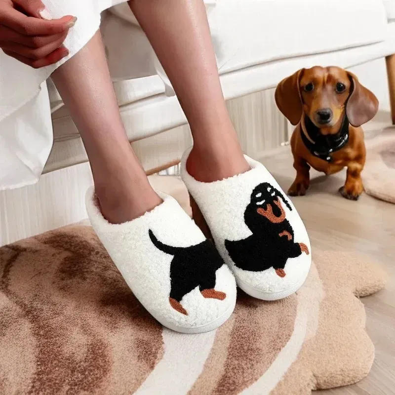 Color: Beige, Shoe Size: 42-43 - Pet Pattern Dachshund Embroidery Stuffed Home Thick Sole Plaid Furry Cotton Slippers Warm Non-slip Indoor Slippers Pet Mom Gift