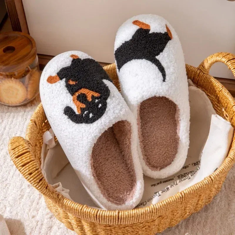 Color: Beige, Shoe Size: 42-43 - Pet Pattern Dachshund Embroidery Stuffed Home Thick Sole Plaid Furry Cotton Slippers Warm Non-slip Indoor Slippers Pet Mom Gift