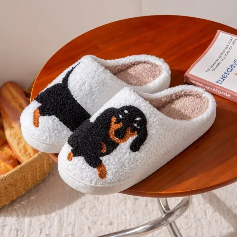 Color: Beige, Shoe Size: 42-43 - Pet Pattern Dachshund Embroidery Stuffed Home Thick Sole Plaid Furry Cotton Slippers Warm Non-slip Indoor Slippers Pet Mom Gift
