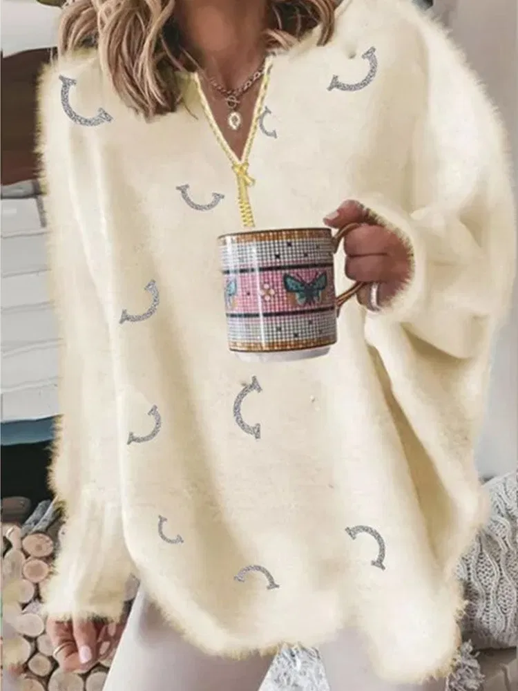 Color: Yellow, Size: M - Women's V Neck Long Sleeve Sweater Casual Loose Fit Pullover Sexy Zipper Warm Knit Printed 2024 Fashion Trend for Women