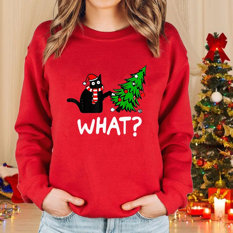 Color: SKY BLUE, Size: S - New fashion women's Christmas cat sweater long-sleeved round neck pullover sweater fall and winter Christmas women's tops
