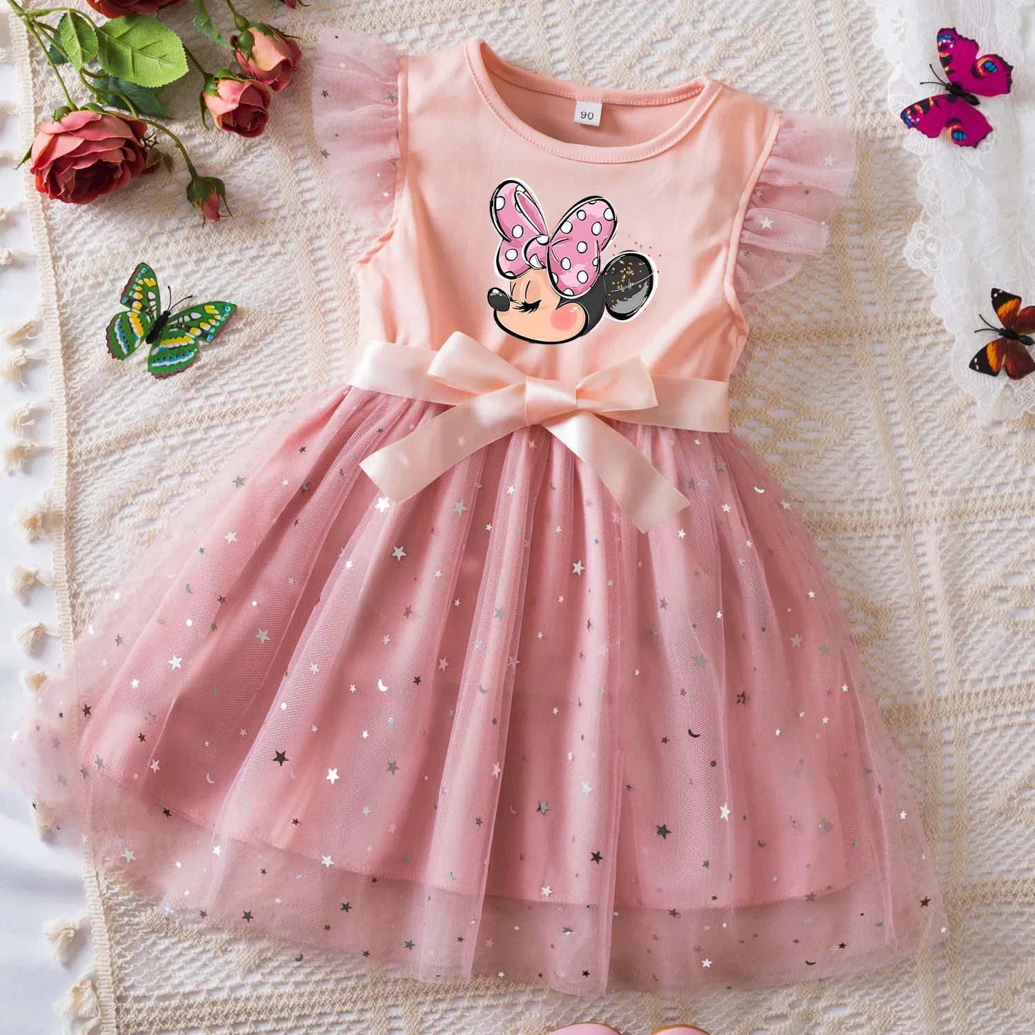 Color: Dark Grey, Size: L - Mickey Minnie Mouse Girls Summer Clothes Flying Sleeves Bow Sequin Dress 2-6Y Kid Birthday Tutu Princess Dress for Baby Girl
