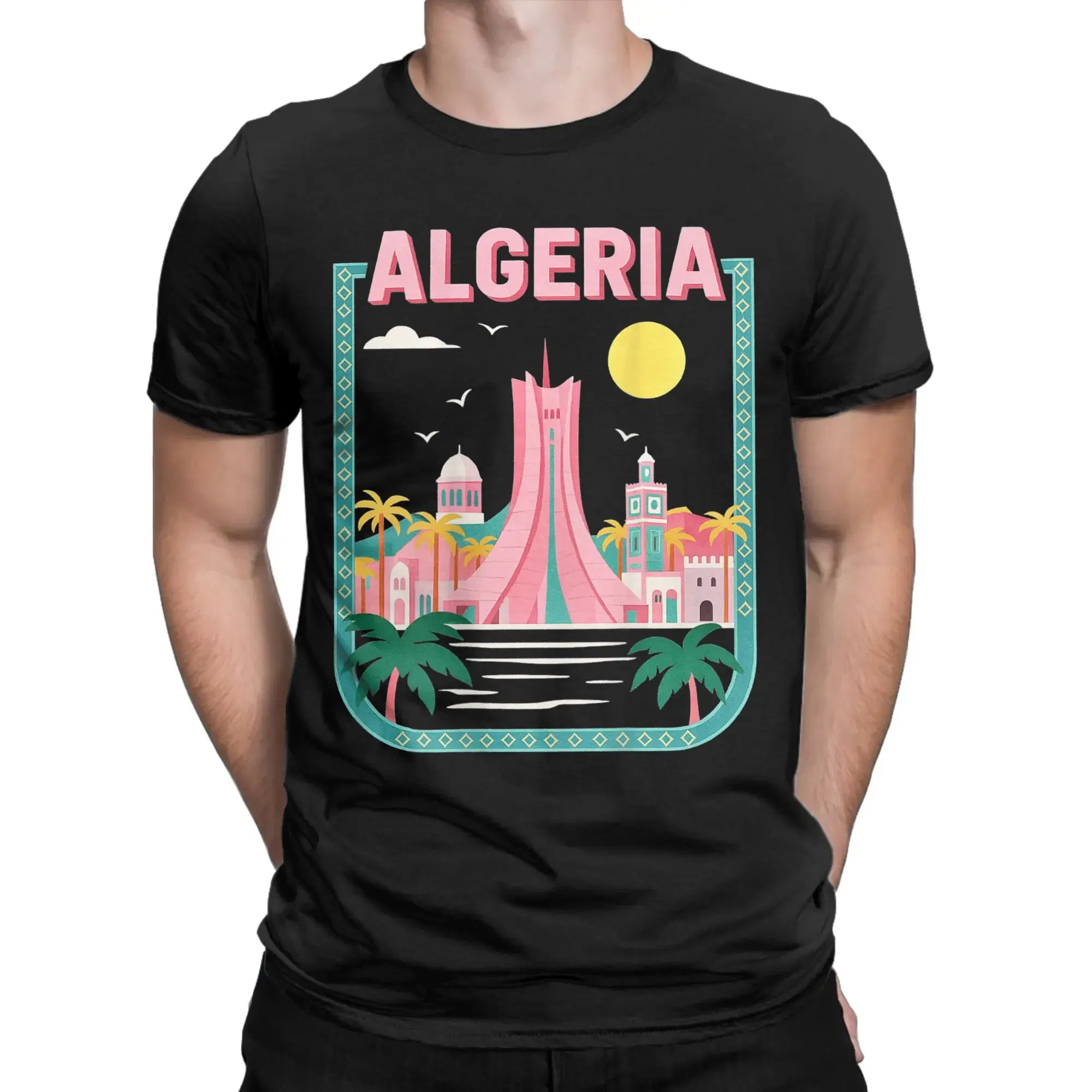 Color: Khaki, Size: 6XL - Men Algeria DZ City Algerian T Shirts Africa Arab Pure Cotton Clothes Hipster Short Sleeve Crewneck Tees Gift Idea T-Shirt