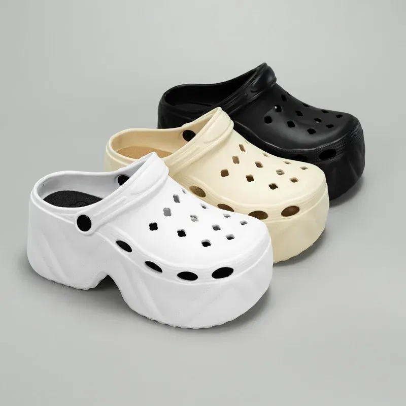 Color: Beige, Shoe Size: 3 - New summer outside wear thick bottom 9cm height increase EVA Baotou soft bottom non-slip women's breathable slippers cave shoes