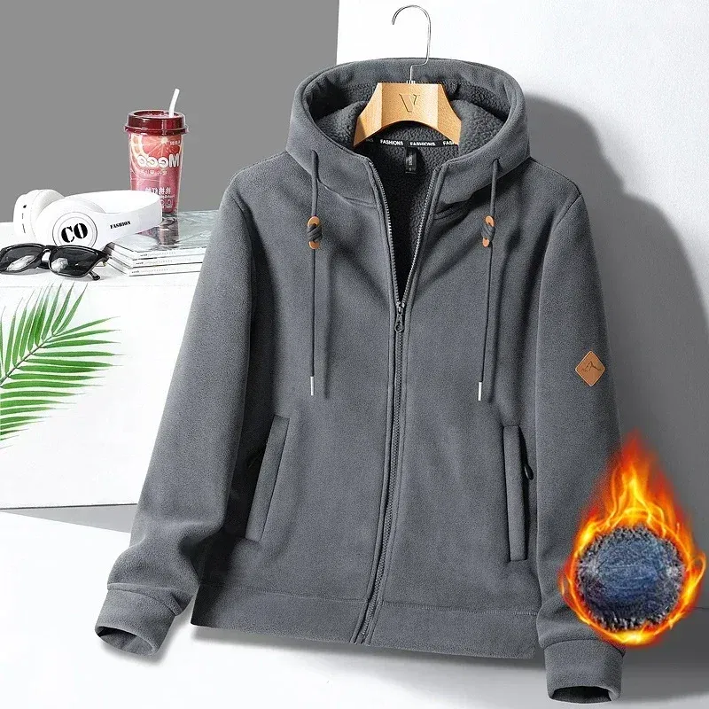 Color: GRAY, Size: XXL - Winter Warm Cashmere Jacket Mens High-end Ski Fleece Iined Thickened Hoodie Coat Casual Womens Outdoor Camping Cold-proof Jacket