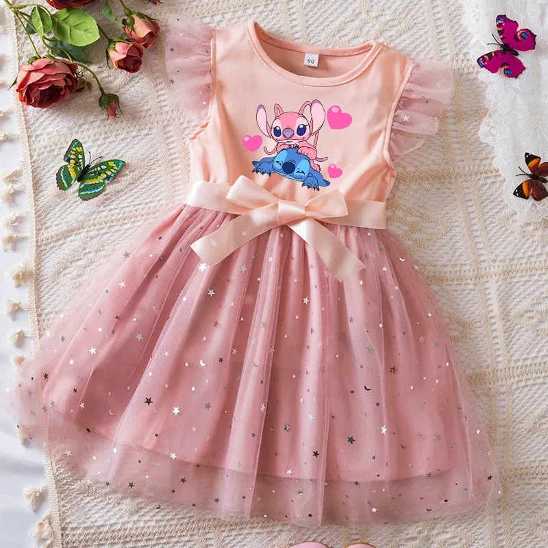 Color: Brown, Kid Size: 11 - Lilo Stitch Girls Sequin Tutu Dress with Bow Flutter Sleeves Summer Princess Party Outfit for Toddler Kids 2-6 Years