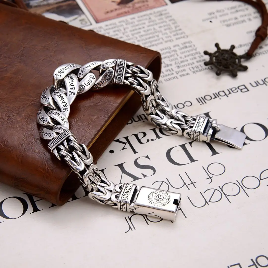 Metal Color: Rhodium Plated, Gem Color: WHITE, Ships From: CHINA, Length: 23cm - S925 Sterling Silver Personalized Men and Women Bracelets Six-Character Peace Pattern Cuban Chain Jewelry Exquisite Gift