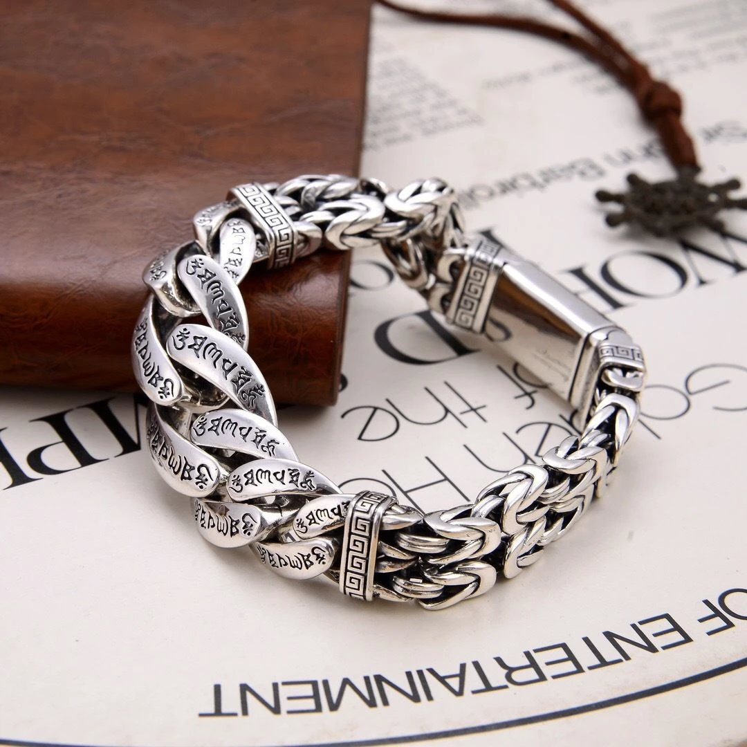 Metal Color: Rhodium Plated, Gem Color: WHITE, Ships From: CHINA, Length: 23cm - S925 Sterling Silver Personalized Men and Women Bracelets Six-Character Peace Pattern Cuban Chain Jewelry Exquisite Gift