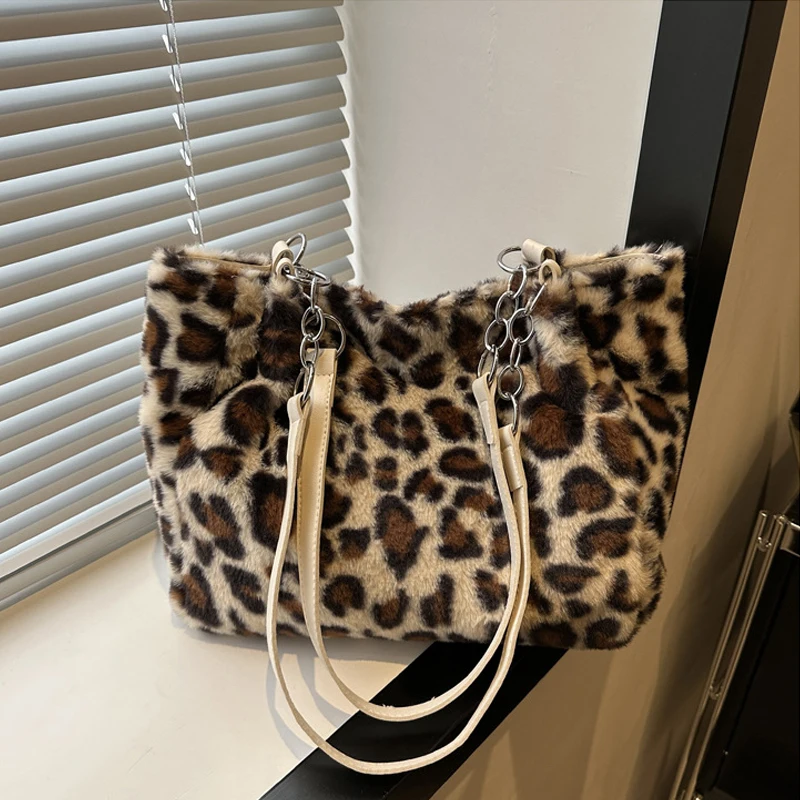 Color: Blue - National Style Simple Women Leopard Tote Bag Lady Luxury Fluffy Shoulder Bag Chain Large Capacity Commuter Handle Bag