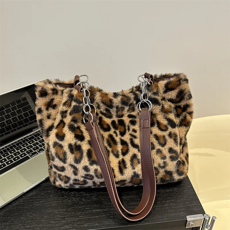 Color: Blue - National Style Simple Women Leopard Tote Bag Lady Luxury Fluffy Shoulder Bag Chain Large Capacity Commuter Handle Bag