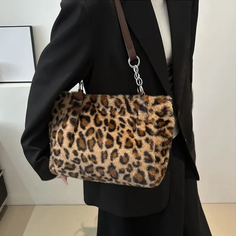 Color: Blue - National Style Simple Women Leopard Tote Bag Lady Luxury Fluffy Shoulder Bag Chain Large Capacity Commuter Handle Bag