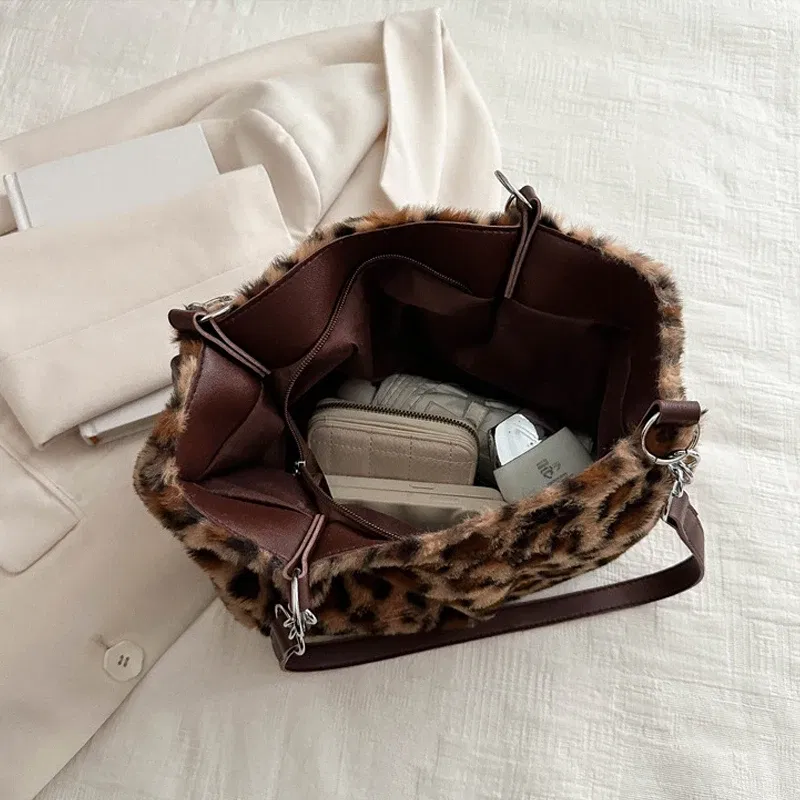 Color: Blue - National Style Simple Women Leopard Tote Bag Lady Luxury Fluffy Shoulder Bag Chain Large Capacity Commuter Handle Bag