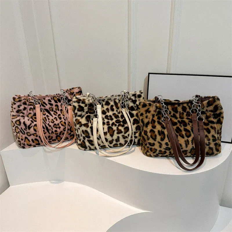 Color: Blue - National Style Simple Women Leopard Tote Bag Lady Luxury Fluffy Shoulder Bag Chain Large Capacity Commuter Handle Bag