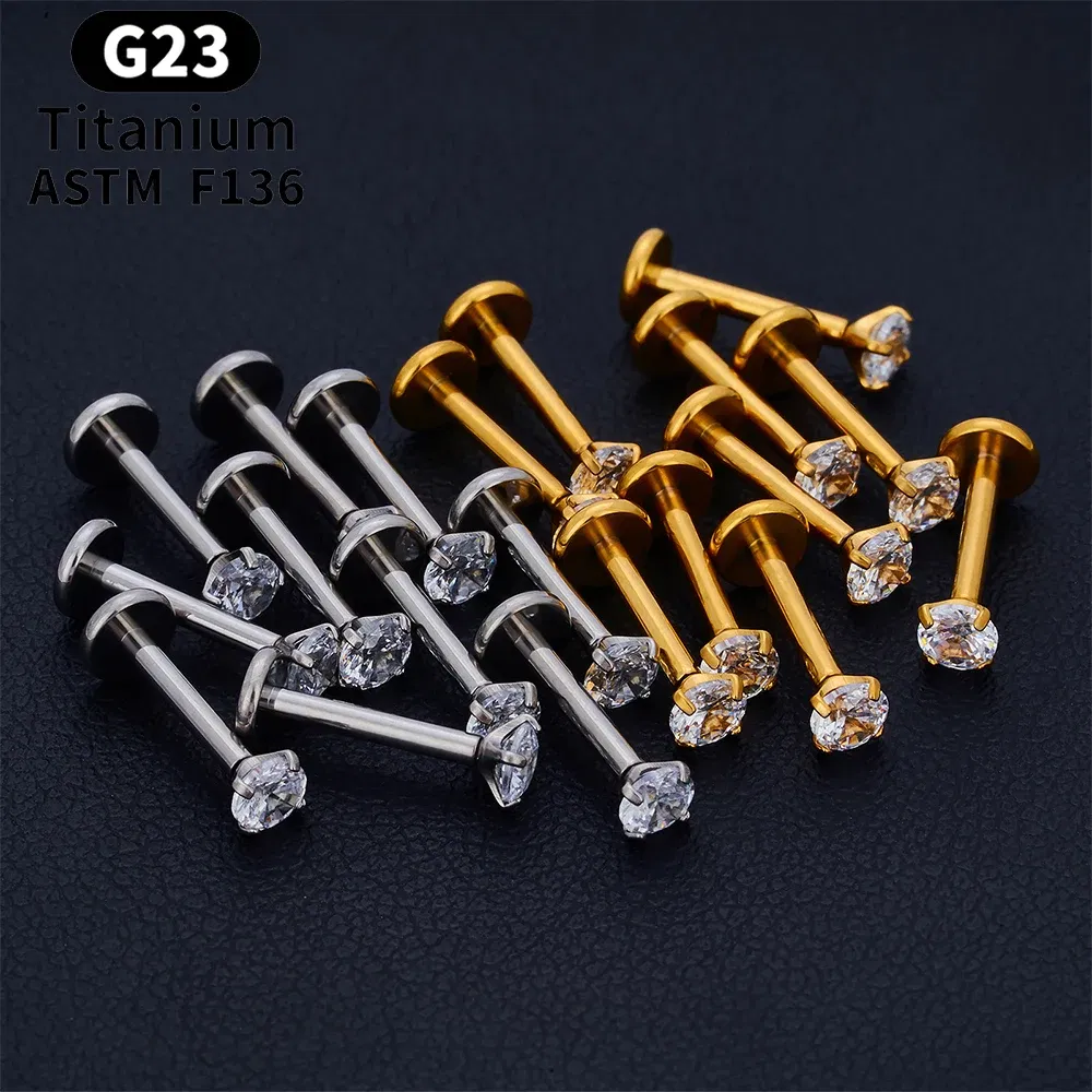 Metal color: Gold-color, Ships From: CHINA, Main Stone Color: COLOR - 10PCS ASTM F136 G23 Titanium Piercing Labret Lip Ring Stud Earring CZ Ear Tragus Cartilage Helix Daith Pierc Jewelry 16/18/20g