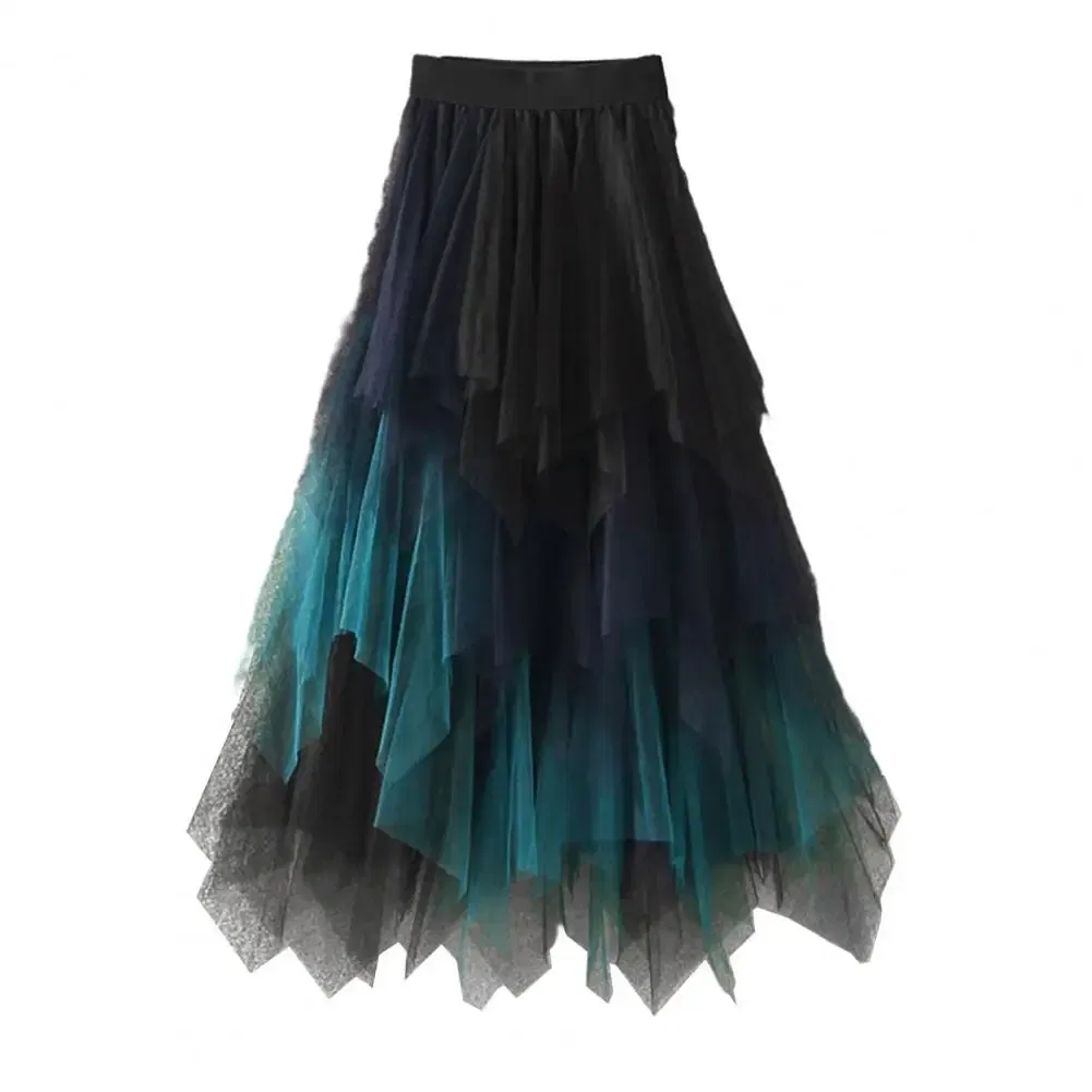 Color: green, Size: L - 2025 Irregular Mesh Women Skirt High Elastic Waist Colorful Mesh Multi-layered Soft Mid-calf Length Pleated Women Midi Skirt