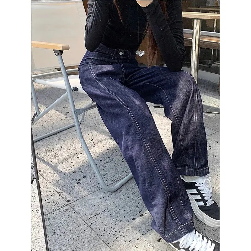 Color: Blue, Size: XXL - Retro wide leg jeans women's 2025 new high waist small figure chubby girl versatile four seasons slimming straight leg pants