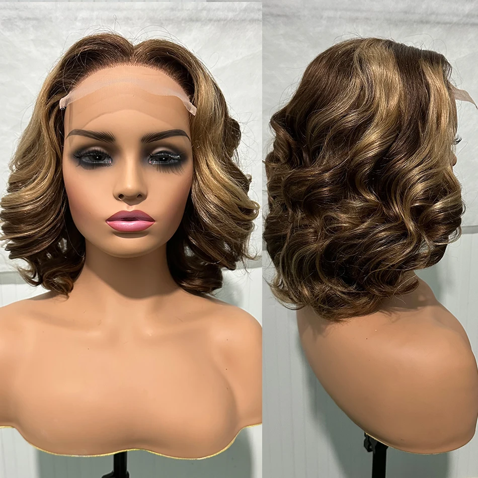 Hair Color: Natural Color, Density: 250%, Stretched Length: 12inches - 100% Human Hair Wig Highlight Bob Bouncy Loose Curly 12" 250% Density 5x5 HD Lace Closure Glueless Wigs Human Hair Ready To Wear