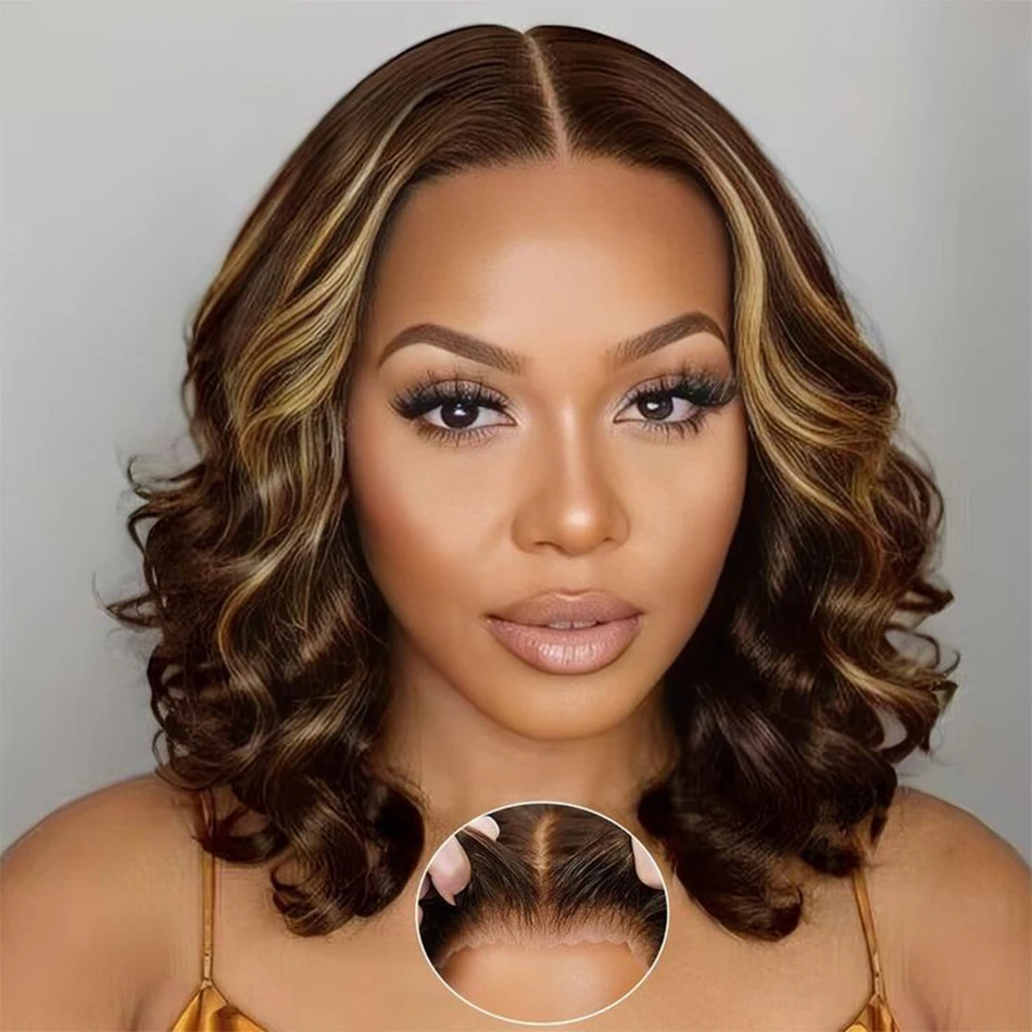 Hair Color: Natural Color, Density: 250%, Stretched Length: 12inches - 100% Human Hair Wig Highlight Bob Bouncy Loose Curly 12" 250% Density 5x5 HD Lace Closure Glueless Wigs Human Hair Ready To Wear