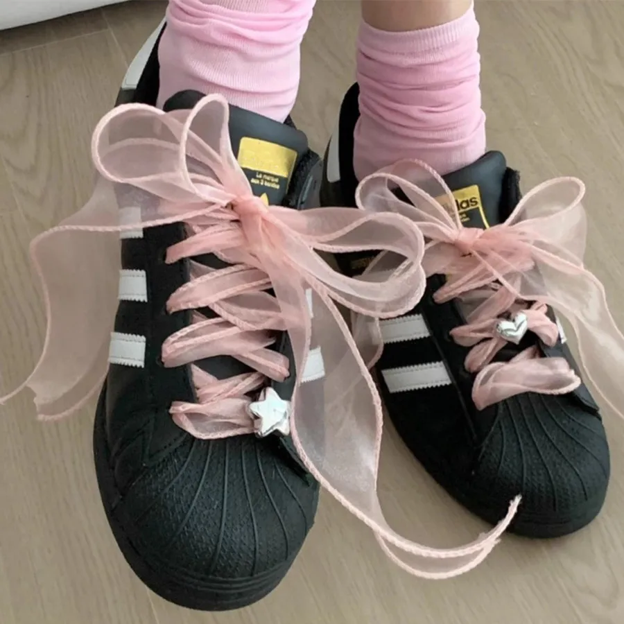 Color: black, Length: 120cm - 4cm Wide Festoon Fishtail Organza Shoelaces Wave Chiffen Fall Winer Bow Laces Beauty White Casual Sneaker DE Training Shoes Lace