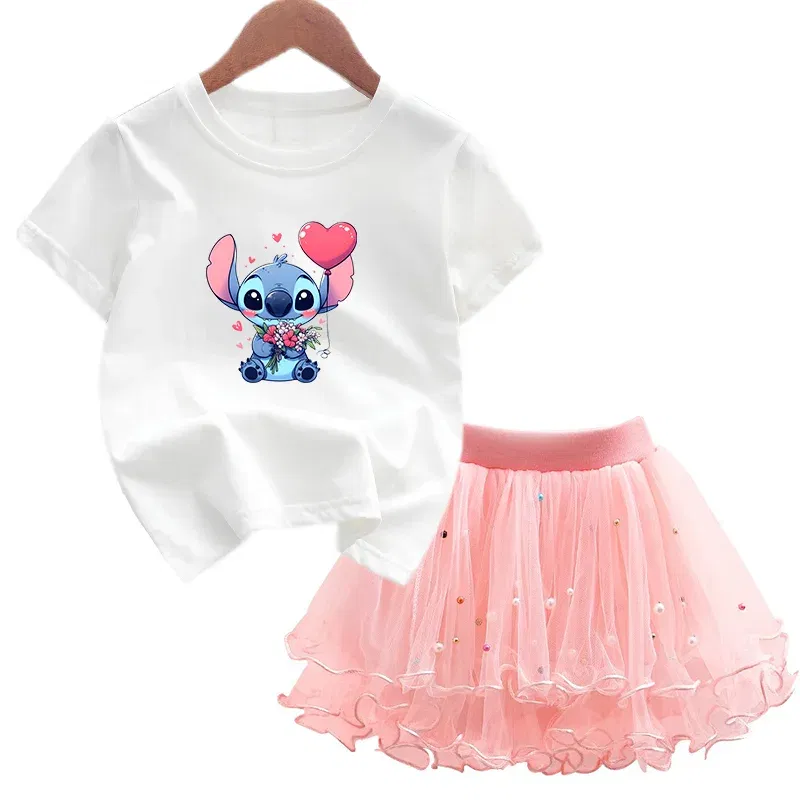 Color: Pink, Kid Size: 3T - 2pcs Lilo Stitch Summer Girls Outfits Cartoon T-shirt and Tutu Skirt Princess Clothes Suit Children Birthday Clothing Sets