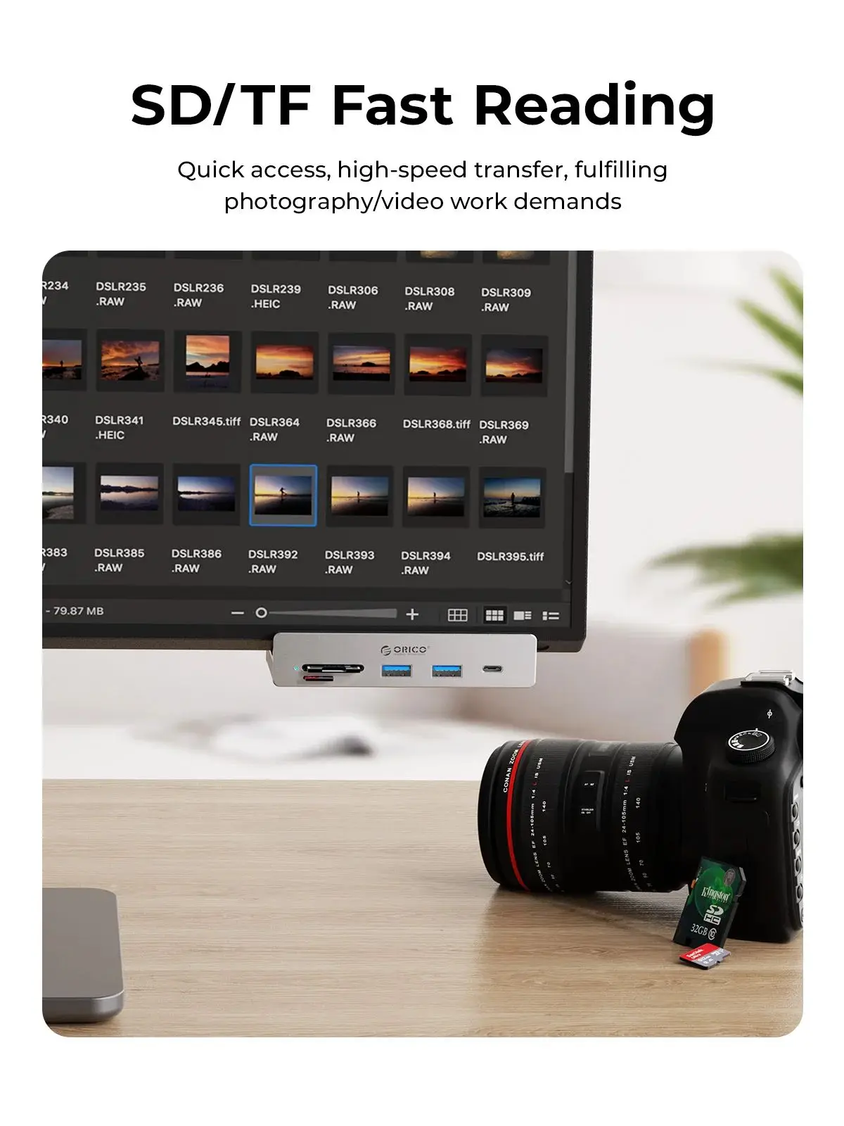 Color: pink - ORICO-USB 3.2 Hub 6-Port Expansion with Power Connector 10Gbps Protocol High-Speed Transmission SD, TF Card Fast Reading