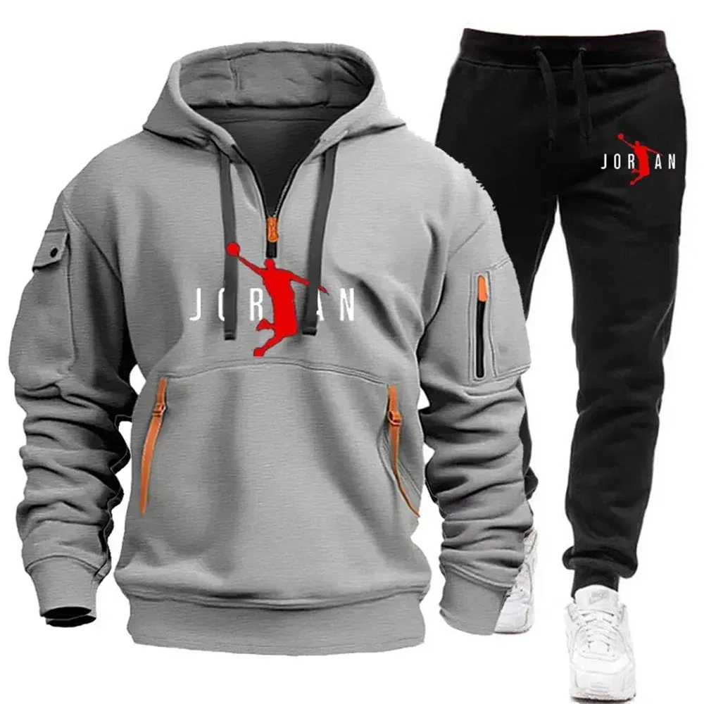 Color: black, Size: L - 2025 new men's zipper multi-pocket hoodie loose casual sweater suit spring and autumn European size new fashion print