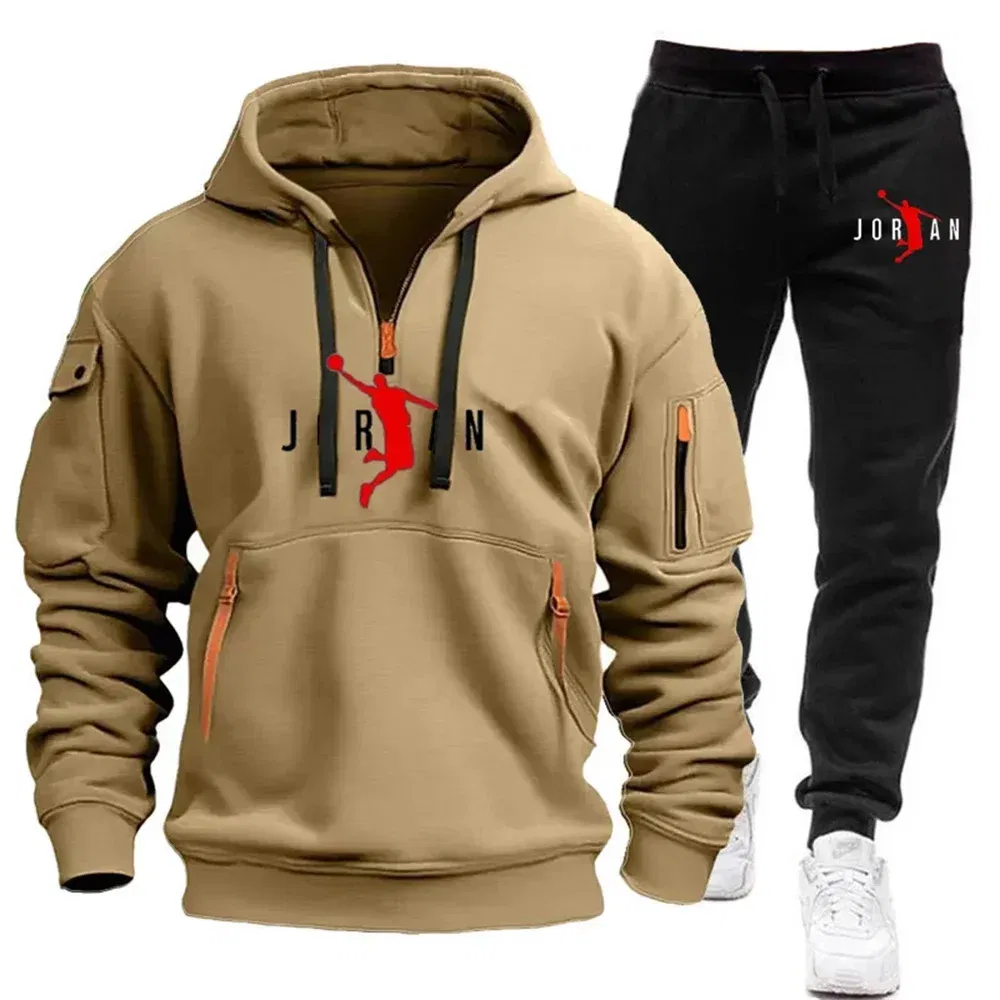 Color: black, Size: L - 2025 new men's zipper multi-pocket hoodie loose casual sweater suit spring and autumn European size new fashion print