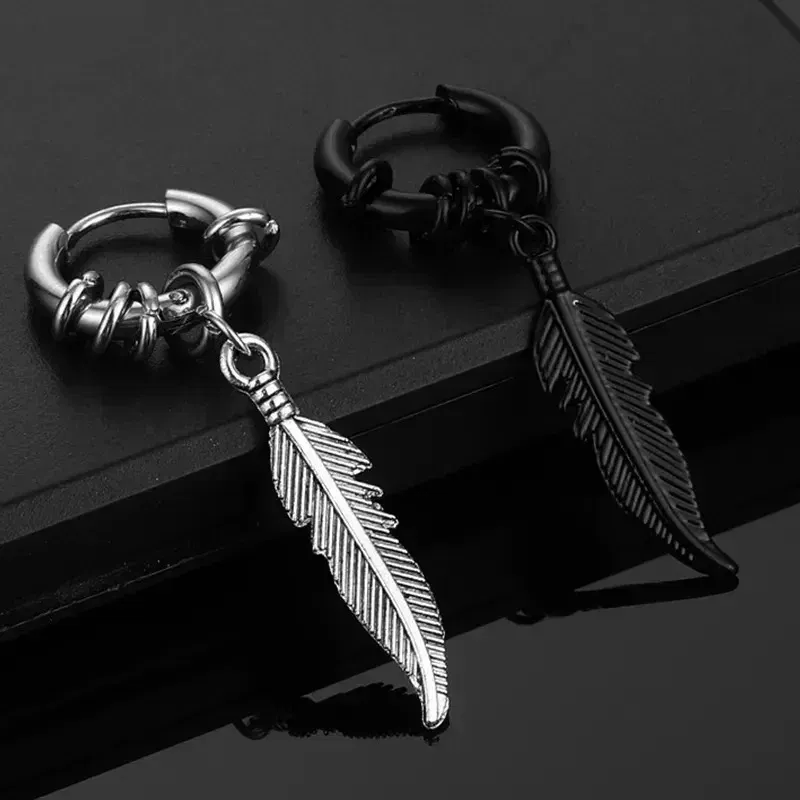 Metal Color: Light Yellow Gold Color - 2pcs Fashion Cross Feather Stud Earrings, Punk Rock Style For Women Men High Quality Stainless Steel Hiphop Ear Jewelry