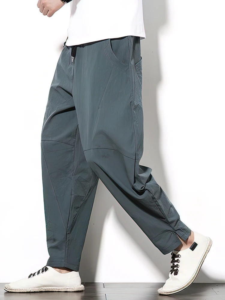 Color: black, Size: XXL - 100% Cotton Linen Pants Men Baggy Casual Trousers Male Walking Wide leg Loose Sweatpants Chinese Summer Jogger Pants 2025 New