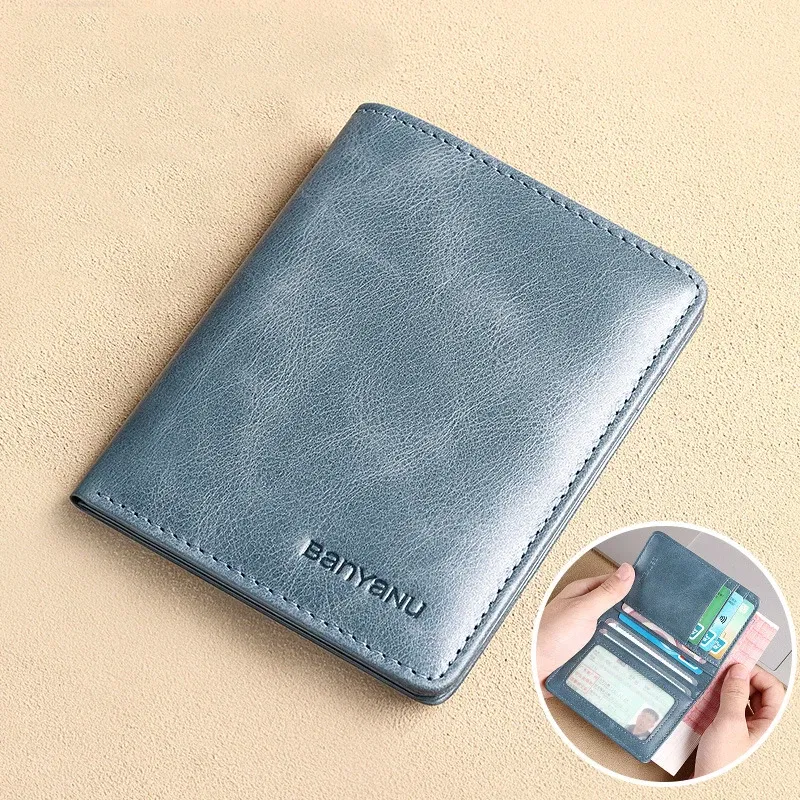 Color: Blue - Simple Design Men Card Holder Purse Vertical Slim Money Clip Genuine Leather Wallet for Men Anti RFID