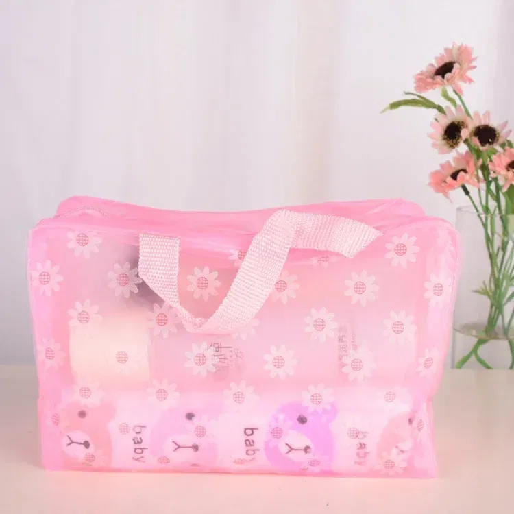 Color: Pink - Floral PVC Transparent Cosmetic Bag Clear Makeup Bag for Women Girl Waterproof Zipper Beauty Case Travel Toiletry Bags Handbag