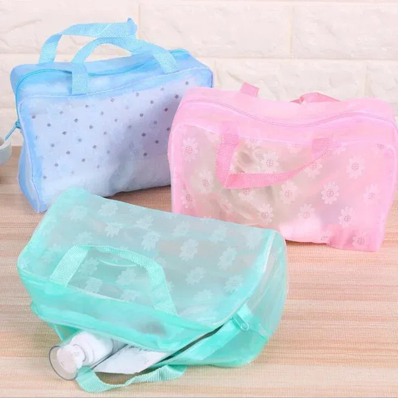 Color: Pink - Floral PVC Transparent Cosmetic Bag Clear Makeup Bag for Women Girl Waterproof Zipper Beauty Case Travel Toiletry Bags Handbag