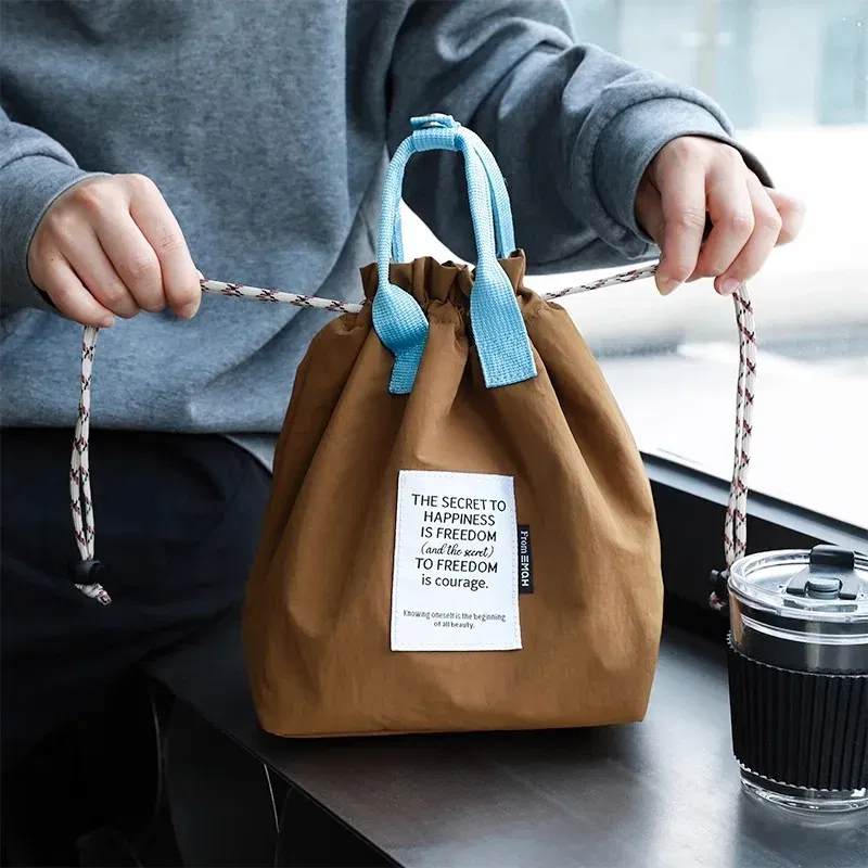 Color: Blue - Large Capacity Waterproof Lunch Bag with Drawstring Closure Thick Insulation Cooler Bento Bag for Picnic Work Student Handle Bag