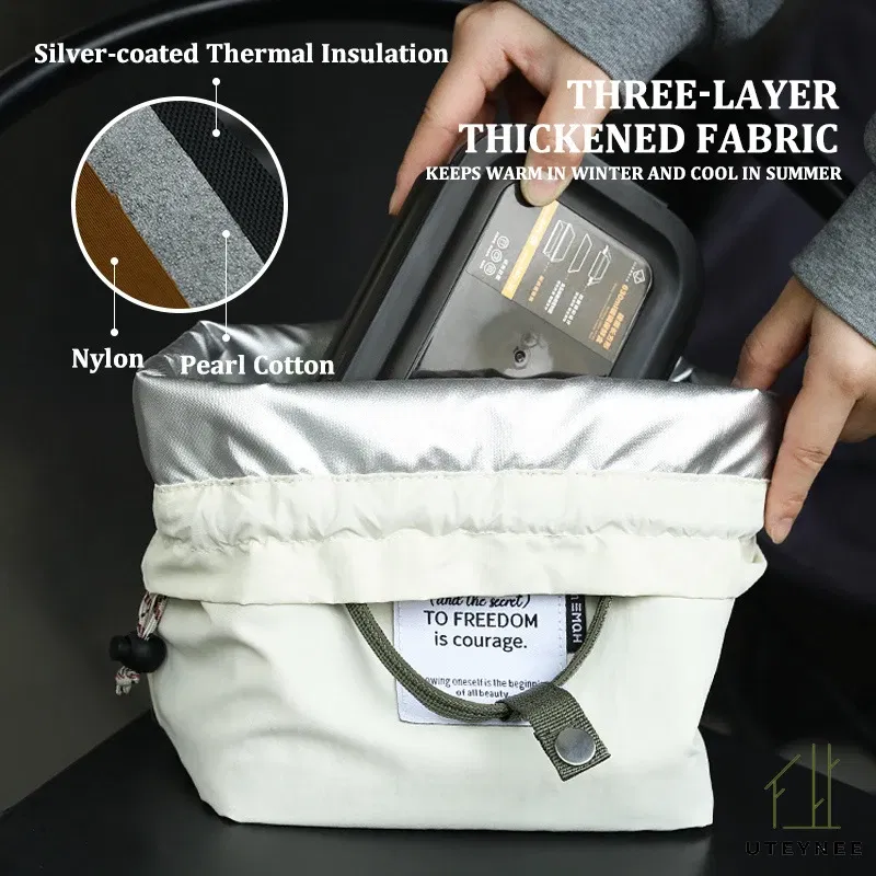 Color: Blue - Large Capacity Waterproof Lunch Bag with Drawstring Closure Thick Insulation Cooler Bento Bag for Picnic Work Student Handle Bag