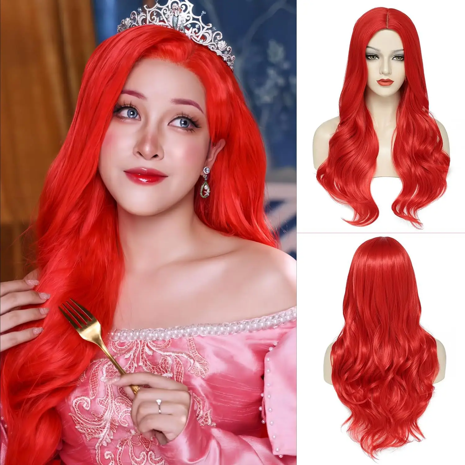 Color: P1B/30 - Light golden synthetic wig with big waves for Halloween party, cosplay wig, everyday wig, high-temperature hair silk wig set