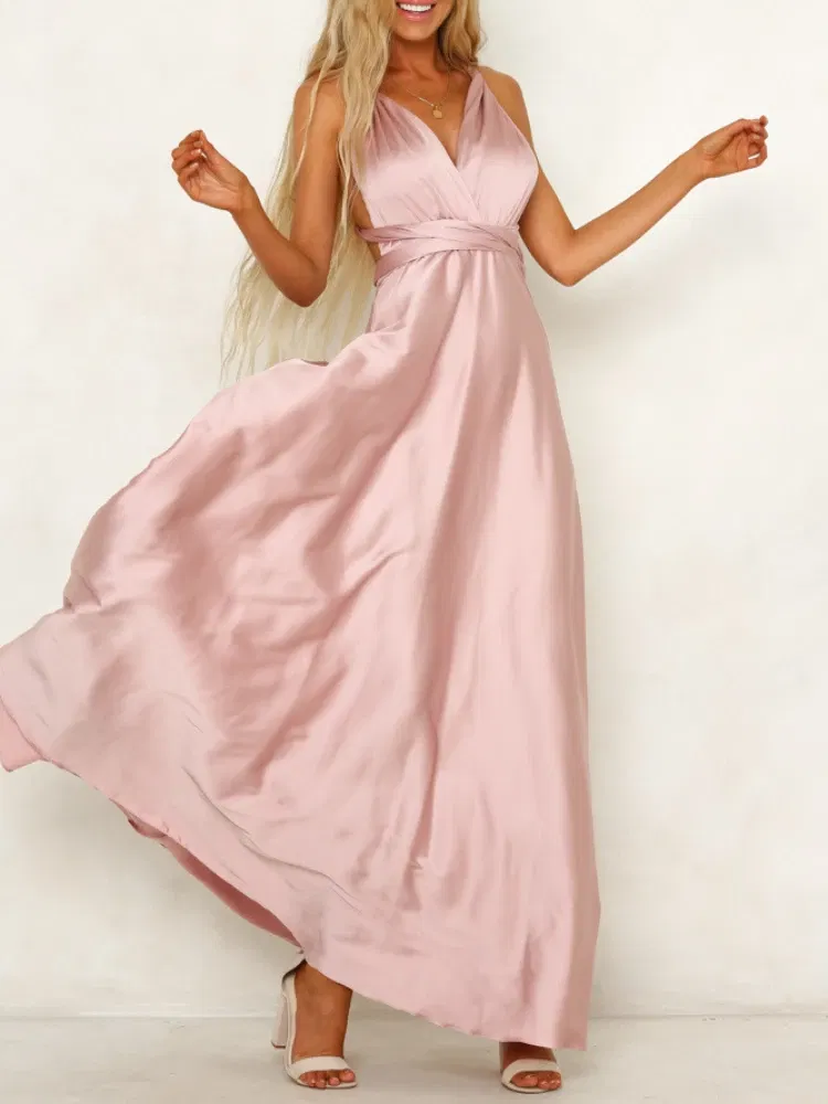 Color: green, Size: M - Summer New Women's Long Dress Fashion Temperament Solid Color Bandage V-neck Sexy Women's Backless High-waisted Swing Dress