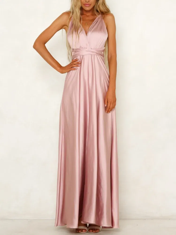 Color: green, Size: M - Summer New Women's Long Dress Fashion Temperament Solid Color Bandage V-neck Sexy Women's Backless High-waisted Swing Dress