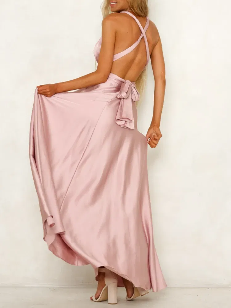 Color: green, Size: M - Summer New Women's Long Dress Fashion Temperament Solid Color Bandage V-neck Sexy Women's Backless High-waisted Swing Dress