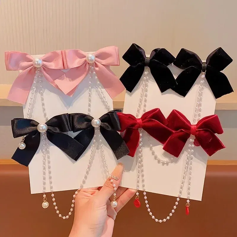 Color: WHITE - Elegant Pearl Bow Tassel Hair Clip Solid Velvet Hair Claw Children Princess Best Hairpins New Fashion Beauty Hair Accessories