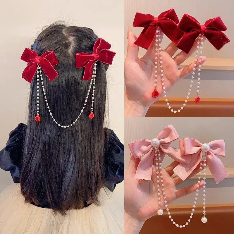 Color: WHITE - Elegant Pearl Bow Tassel Hair Clip Solid Velvet Hair Claw Children Princess Best Hairpins New Fashion Beauty Hair Accessories