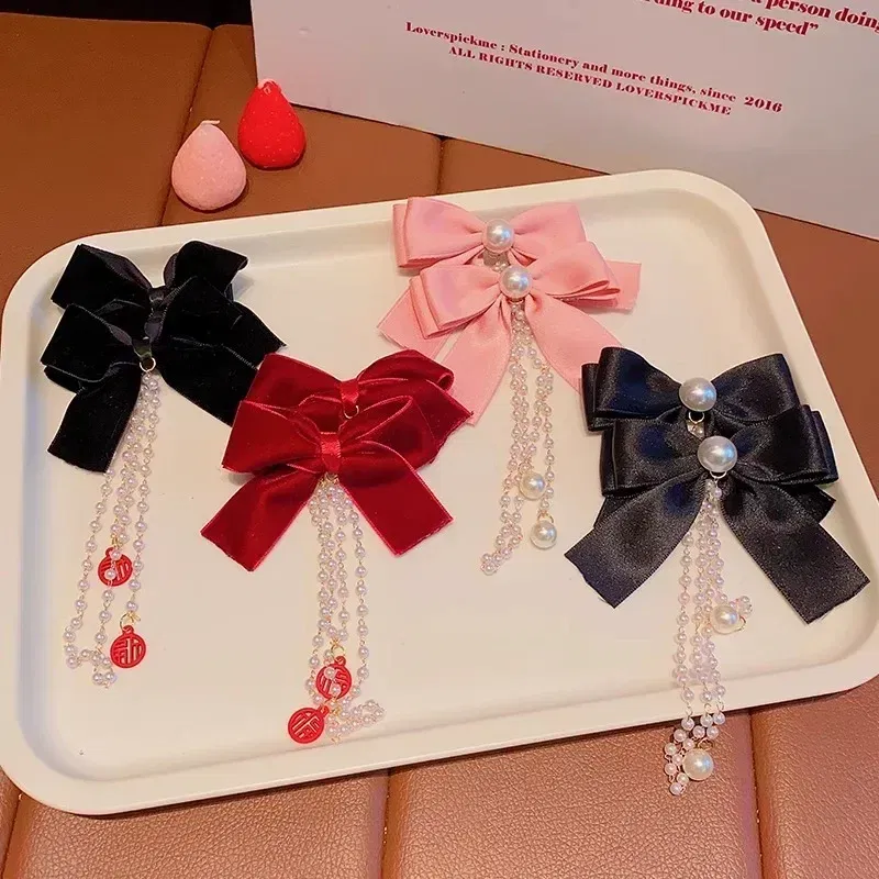 Color: WHITE - Elegant Pearl Bow Tassel Hair Clip Solid Velvet Hair Claw Children Princess Best Hairpins New Fashion Beauty Hair Accessories