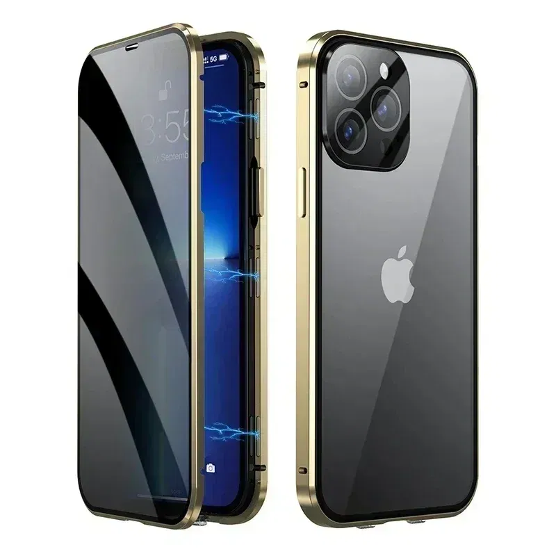 Color: Gold, Material: PU - Double-Sided Privacy Magnetic Case For iPhone 16 12 13 14 15 11 Pro Max 14 Plus 16 Plus Anti Peeping Full Cover Metal Frame Case