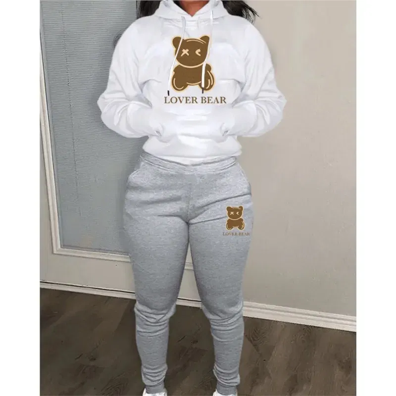 Color: Cyan, Size: XXL - 2 Piece Set Women Outfit Letter Bear Print Hooded Neck Hoodies Sweatshirt Pants Tracksuit 2024 Plus Size Streetwear Casual Suit