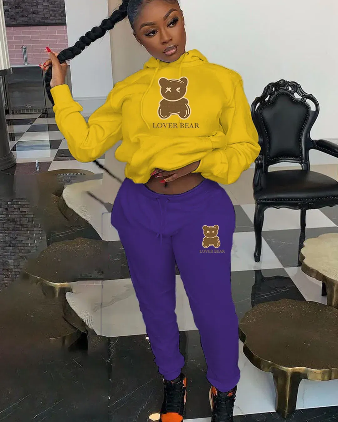 Color: Cyan, Size: XXL - 2 Piece Set Women Outfit Letter Bear Print Hooded Neck Hoodies Sweatshirt Pants Tracksuit 2024 Plus Size Streetwear Casual Suit