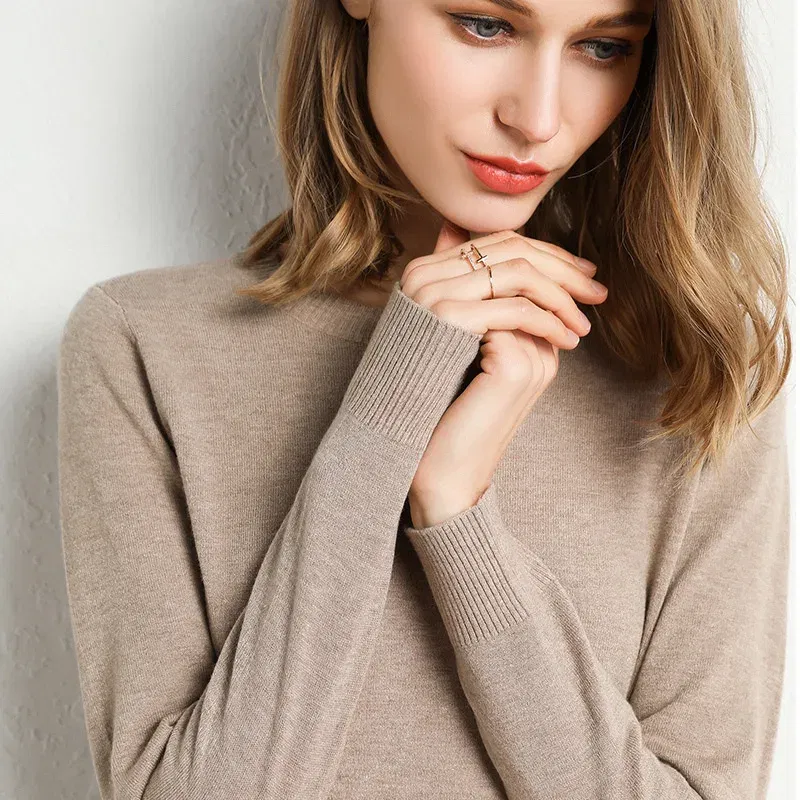 Color: GRAY, Size: M - Women Slim O-Neck Solid Pullover Cashmere Wool Blending Sweater Autumn And Winter Long-Sleeved Knit Bottoming Shirt Large Size