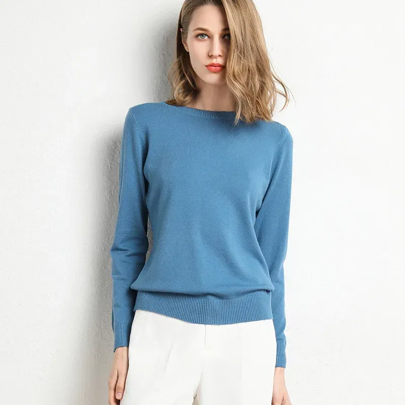 Color: GRAY, Size: M - Women Slim O-Neck Solid Pullover Cashmere Wool Blending Sweater Autumn And Winter Long-Sleeved Knit Bottoming Shirt Large Size